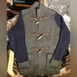 Vintage Tommy Hilfiger Cardigan Sweater Grey/Blue w Horn Toggle/snaps Wool Blend